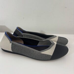 Rothy’s Women W8.5 Flat Round Cap Toe Plaid Black Cream Preppy Casual Comfy